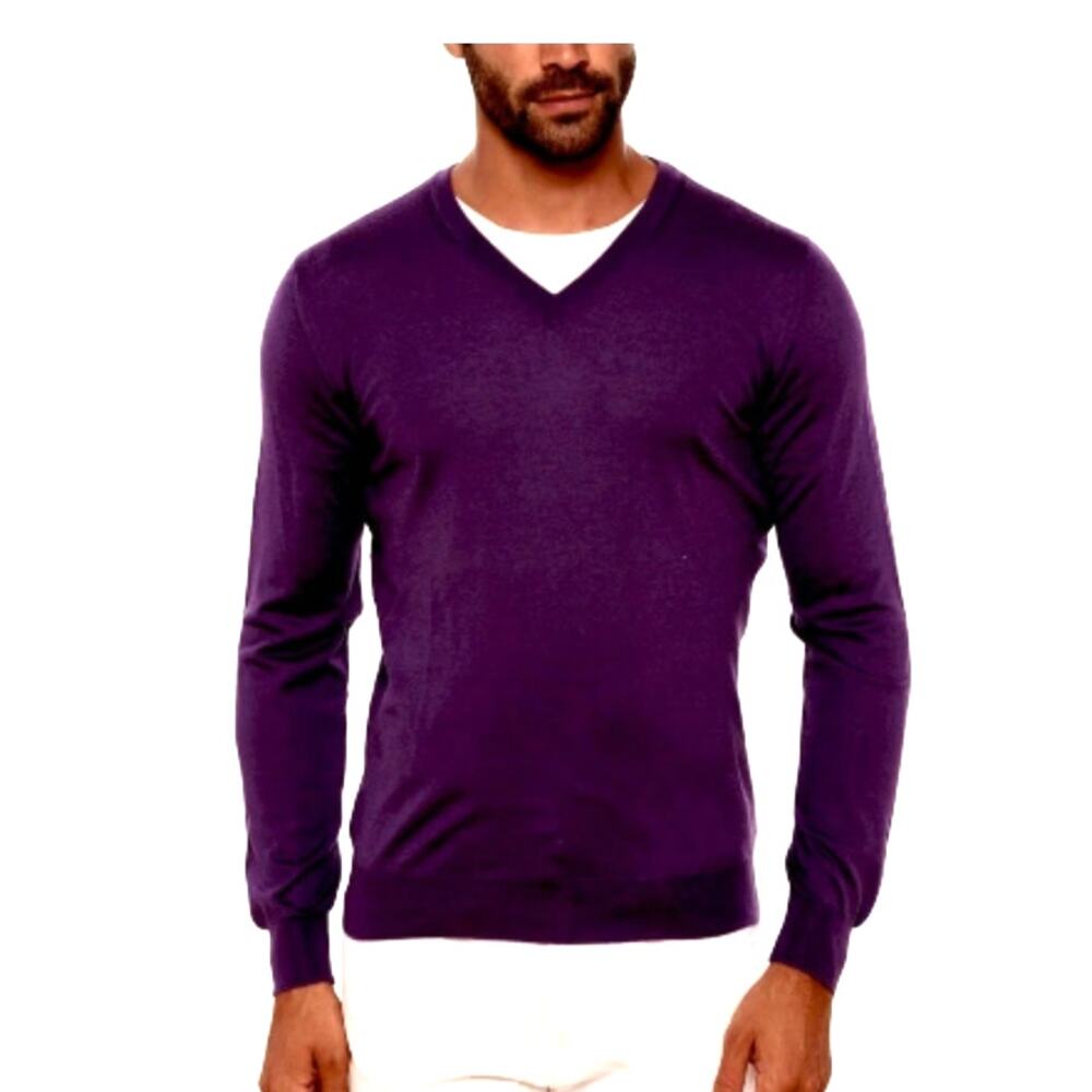 CALVIN KLEIN Extra Fine Marino Wool V‎ neck Sweater Mens XL Purple